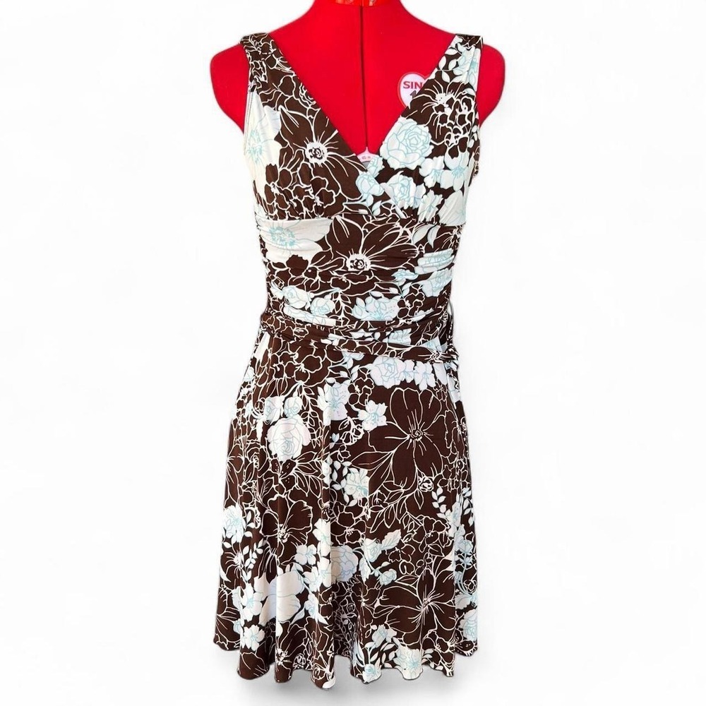 Candies Brown Blue White Floral Ruched V Neck Dress Boho Y2K Hibiscus Print S
